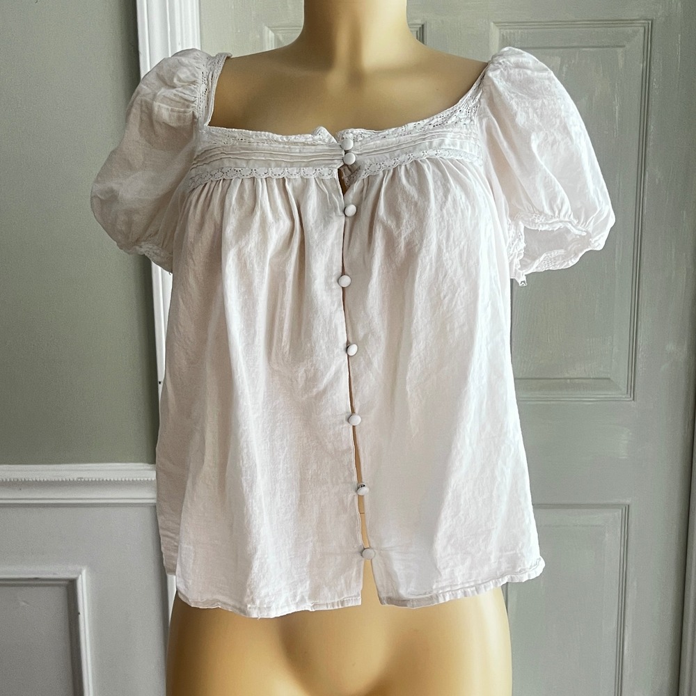 Joie Puff Sleeve Blouse Small Womens Lace Trim Button Up White Cottagecore Boho